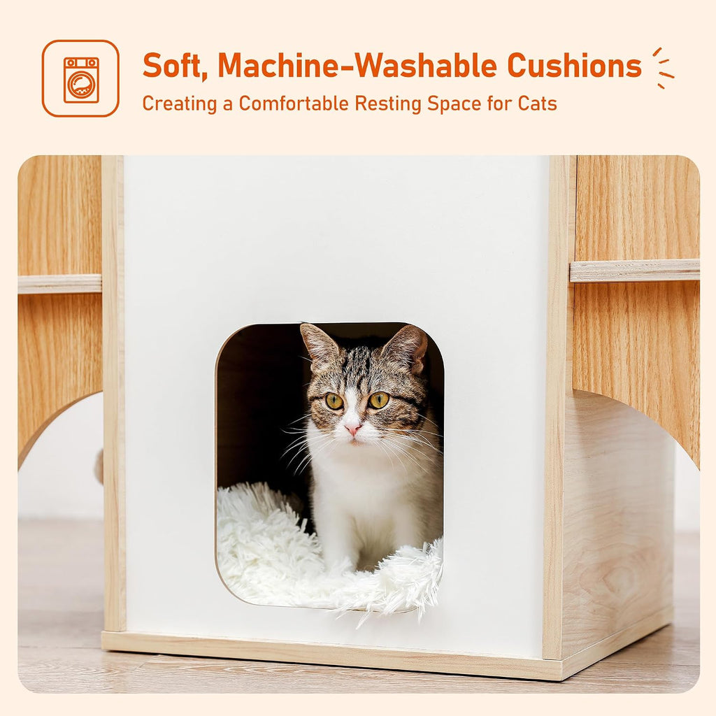 Modern Cat Tree Rocket Shape, 54" Wood Cat Tower Multilevel for Indoor Cats, Cat Furniture with 3 Condos, Dangling