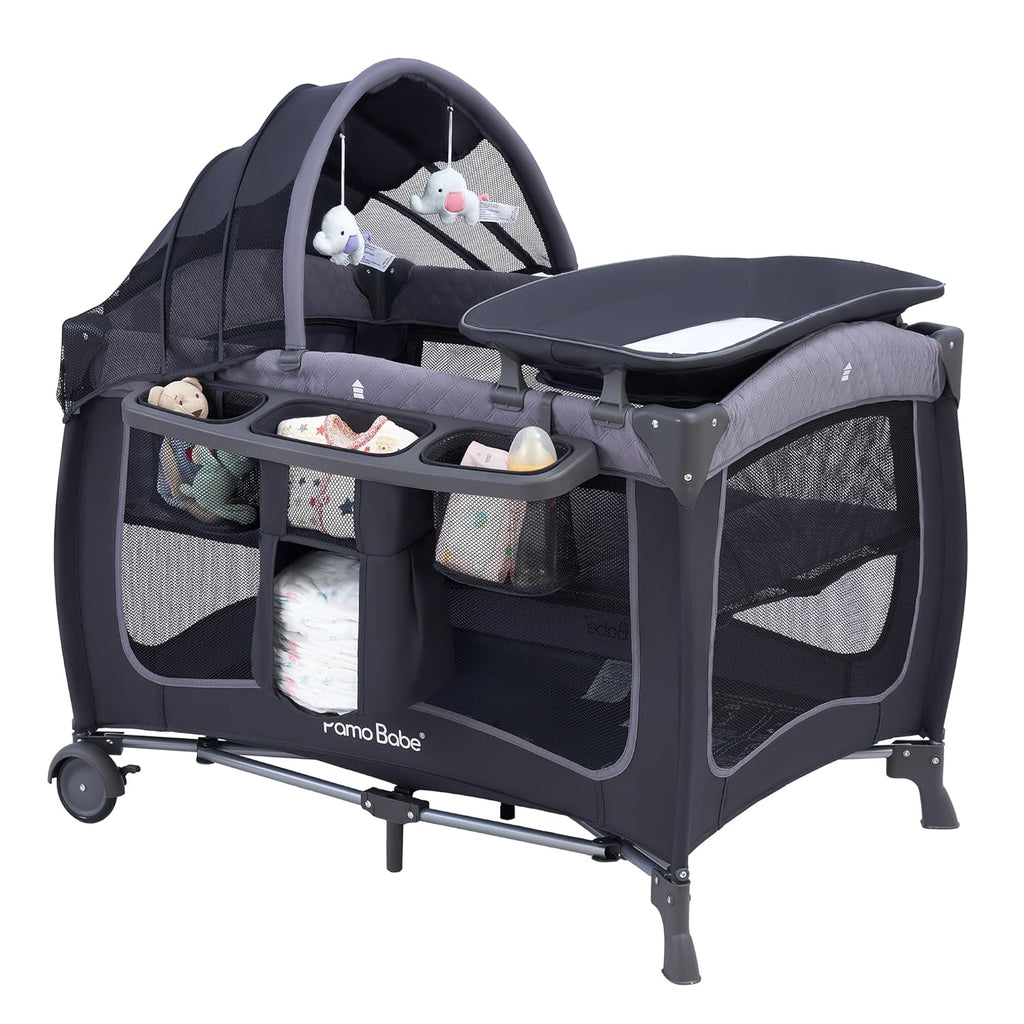 Playard with Canopy, Portable Crib with Changing Table