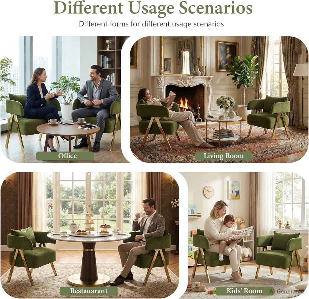 Modern Green Accent Chairs Set of 2, Velvet Barrel Accent Chair Bedroom, Comfy Reading Armchairs (2, Green)