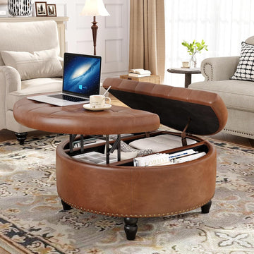 30 Inch Large Round Ottoman with Storage Circular,Brown | Leather Coffee Table with Lift Top,Modern Upholstered
