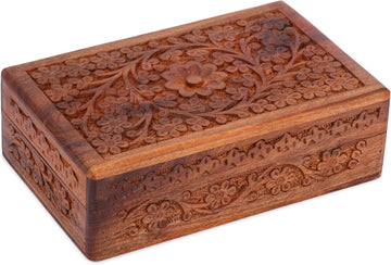 Wooden Jewelry Box Hand Carved Flower Keepsake Chest - 8x5 Inch