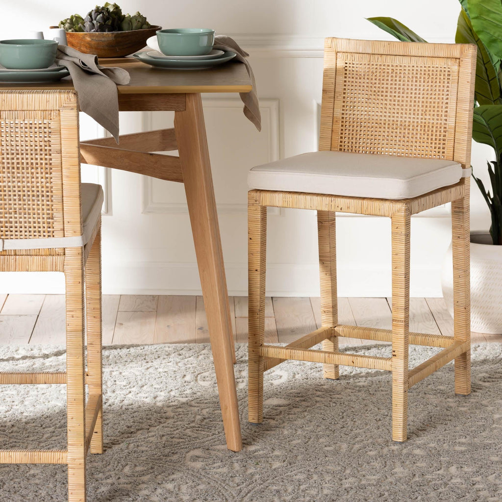 Sofia Rattan Counter Stool with Mahogany Wood Frame - Handwoven Wicker Counter Chair with Removable Cushion, Light