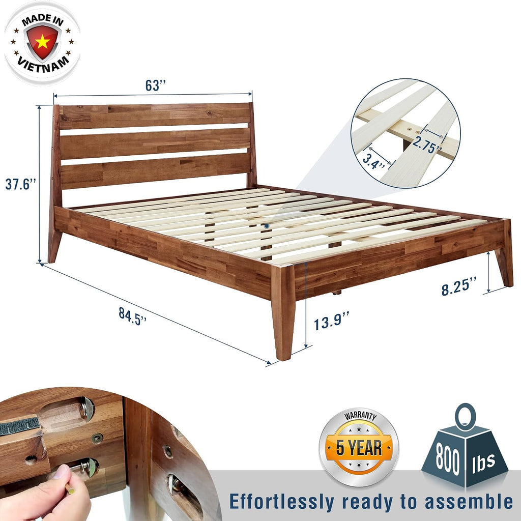 Emery Bed Frame with Headboard Solid Wood Platform Bed, Queen Size Bed Frame, Mid - Century Modern Wood Bed
