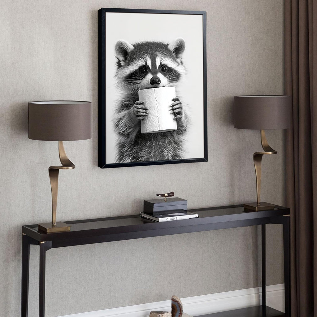 Bathroom Wall Art, Cute Black and White Raccoon Canvas Prints Poster, Funny Animal Decor Oil Painting, Modern