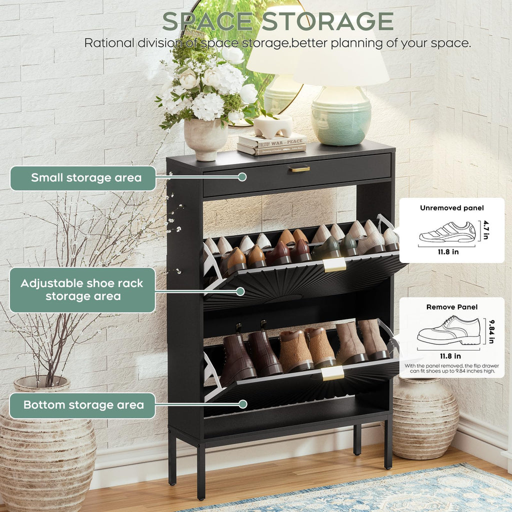 Shoe Cabinet with Sun Pattern Doors, Modern 2 Flip Drawer Entryway Shoe Organizer, Hidden Shoe Rack with Small Drawer