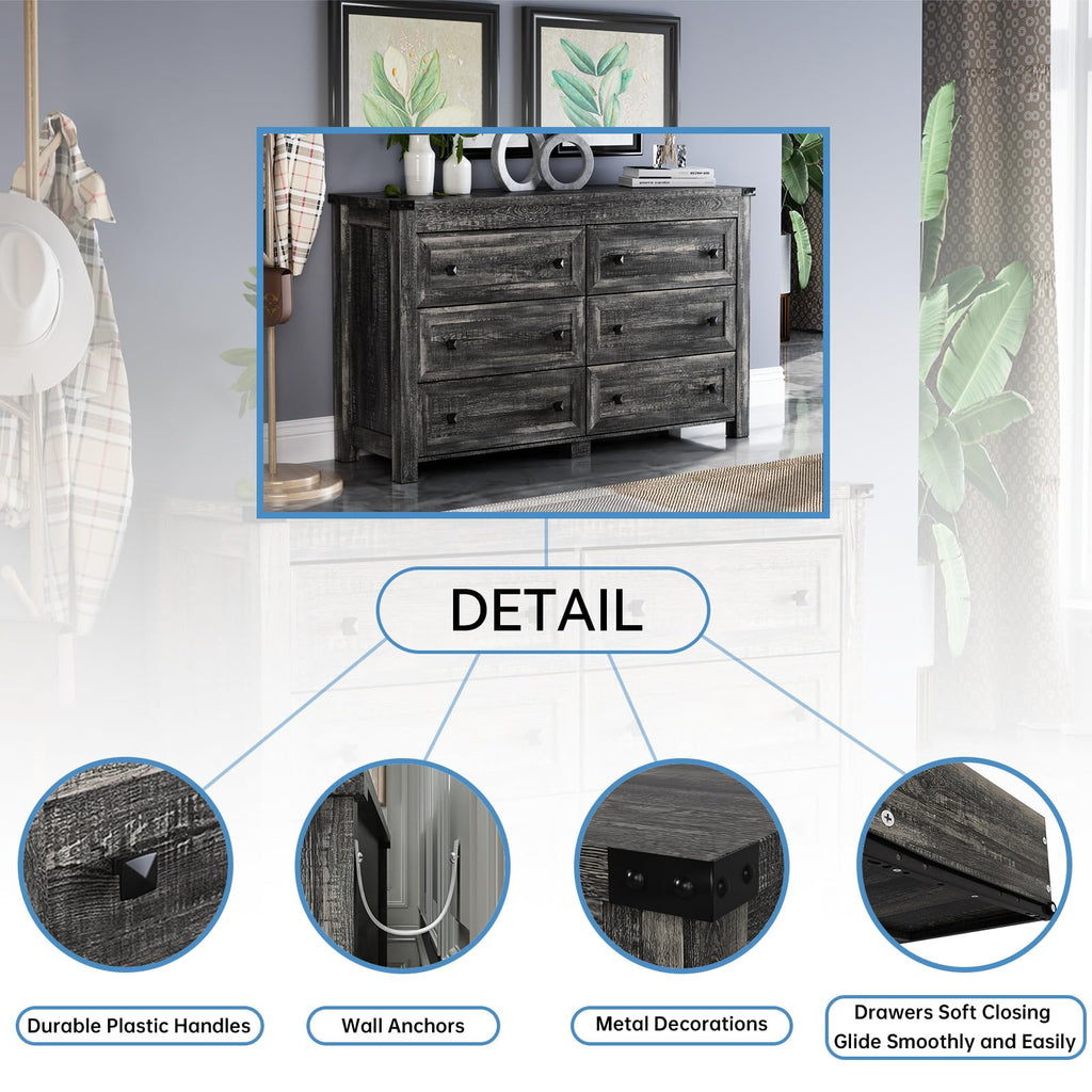 6 Drawer, 47.3" Wide Chest of Drawers, Rustic Grey