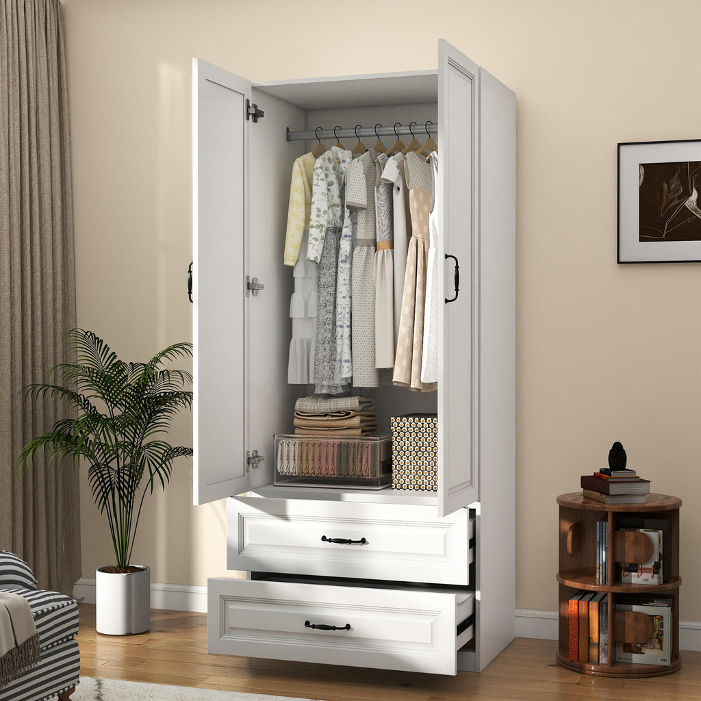 White Wardrobe Closet with 4 Drawers and 4 Doors, 75" H x 63" W