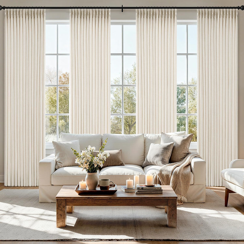 Pinch Pleated Thick Linen Curtains 90 Inches 4 Panels Set Ivory Cream Back Tab Memory Trained Pinch Pleat Semi Sheer