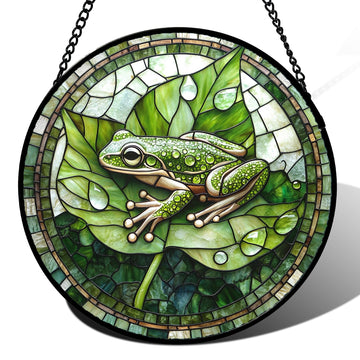 Green Frog Lily Pond Stained Glass Window Hanging Suncatcher Gifts 12"