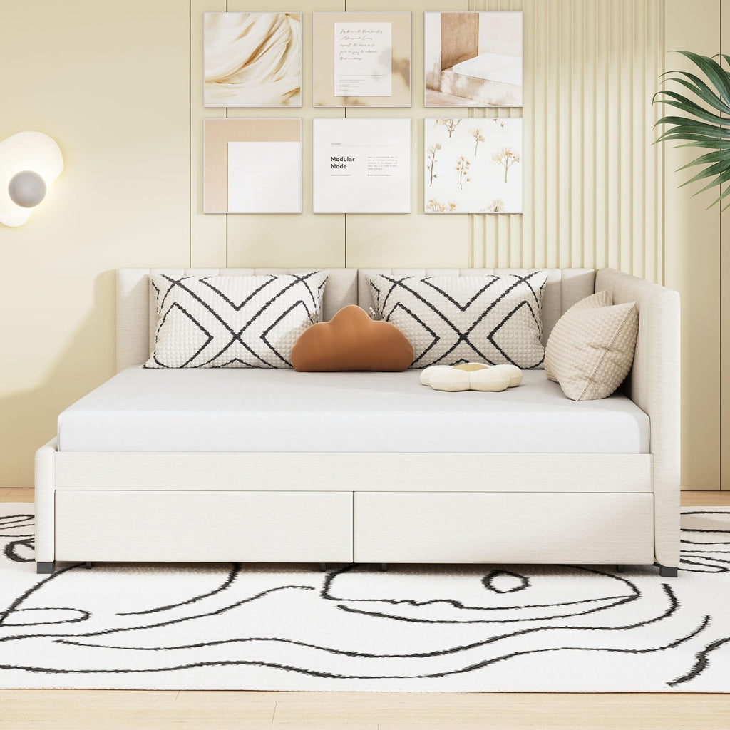 Upholstered Daybed with 2 Storage Drawers, Full Size Sofa Bed Frame, No Box Spring Needed, Linen Fabric, Beige