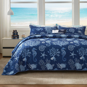 Coastal Quilt Set - Lightweight Microfiber Reversible Bedspread, 98''x106'', Navy, Includes 2 Shams