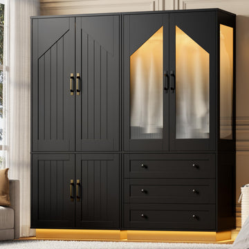 Tall Armoire Wardrobe Closet with 4 Door and 3 Drawers (Black)