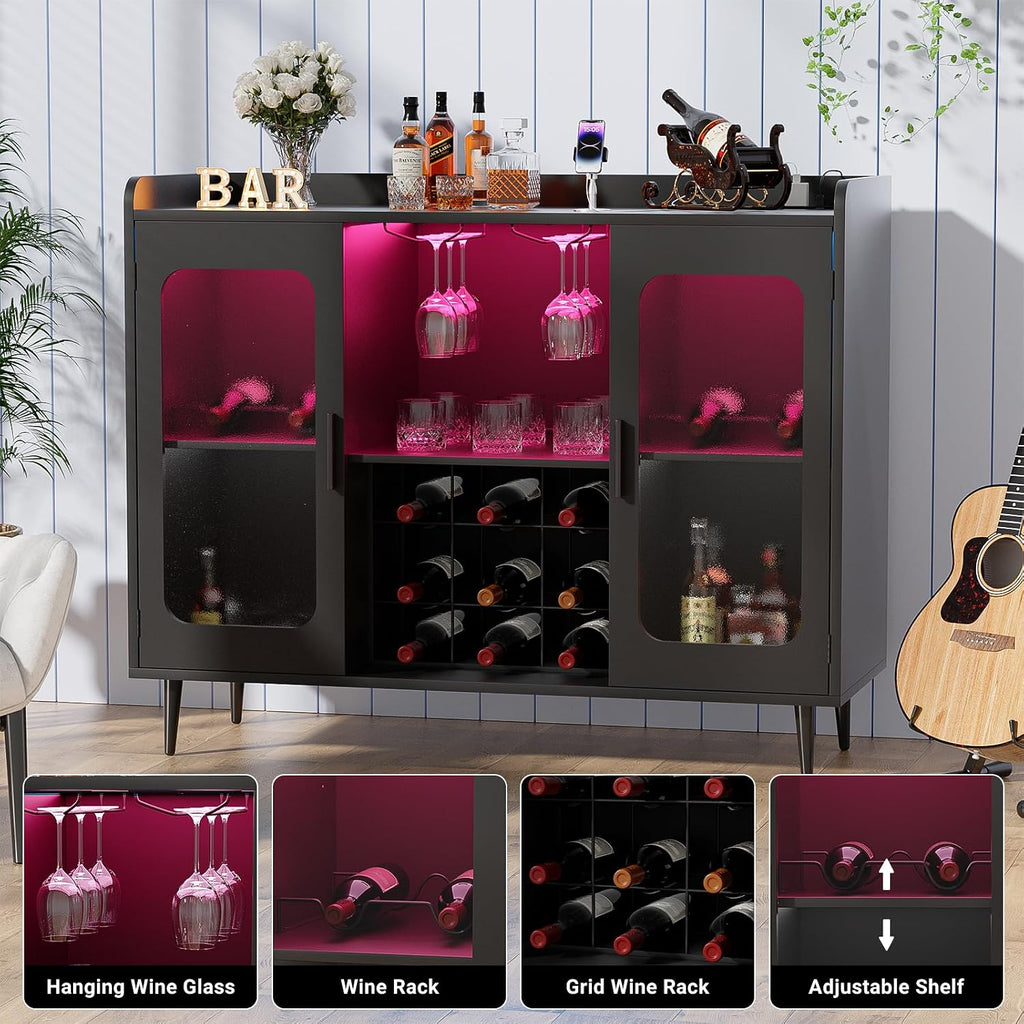 Coffee Bar Cabinet with Power Outlets and LED Light, Black | Liquor Cabinet with Wine Rack & Glass Holder, Bar Cart
