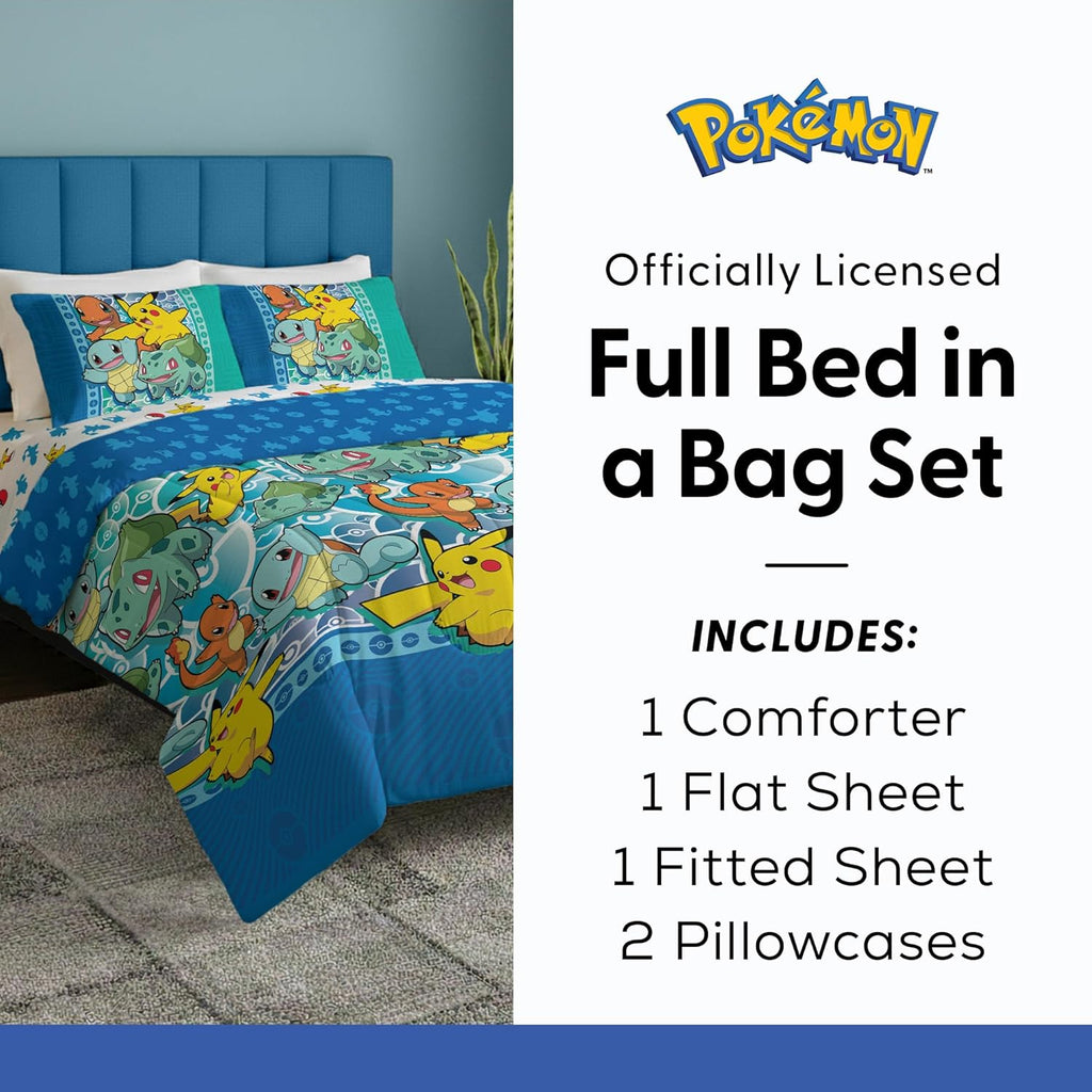 Full Bed in a Bag Set, Pikachu Charmander Squirtle Bulbasaur, Kids Boys Girls Bedding Comforter Sheets