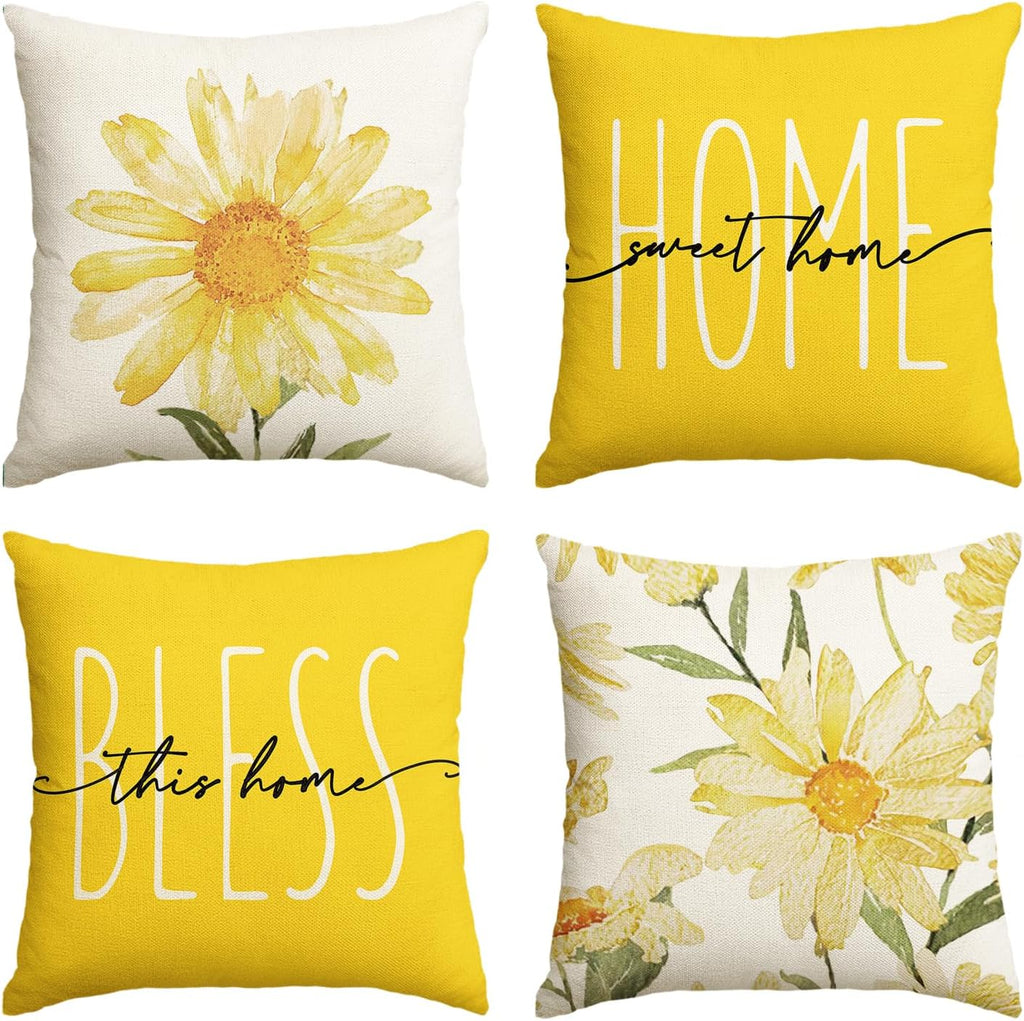 Home Sweet Home Spring Summer Flowers Yellow Throw Pillow Covers, 18 x 18 Inch Cushion Case