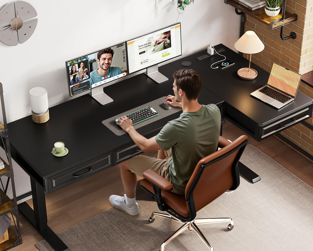63 Inch L Shaped Standing Desk with 4 Wooden Drawers, Black