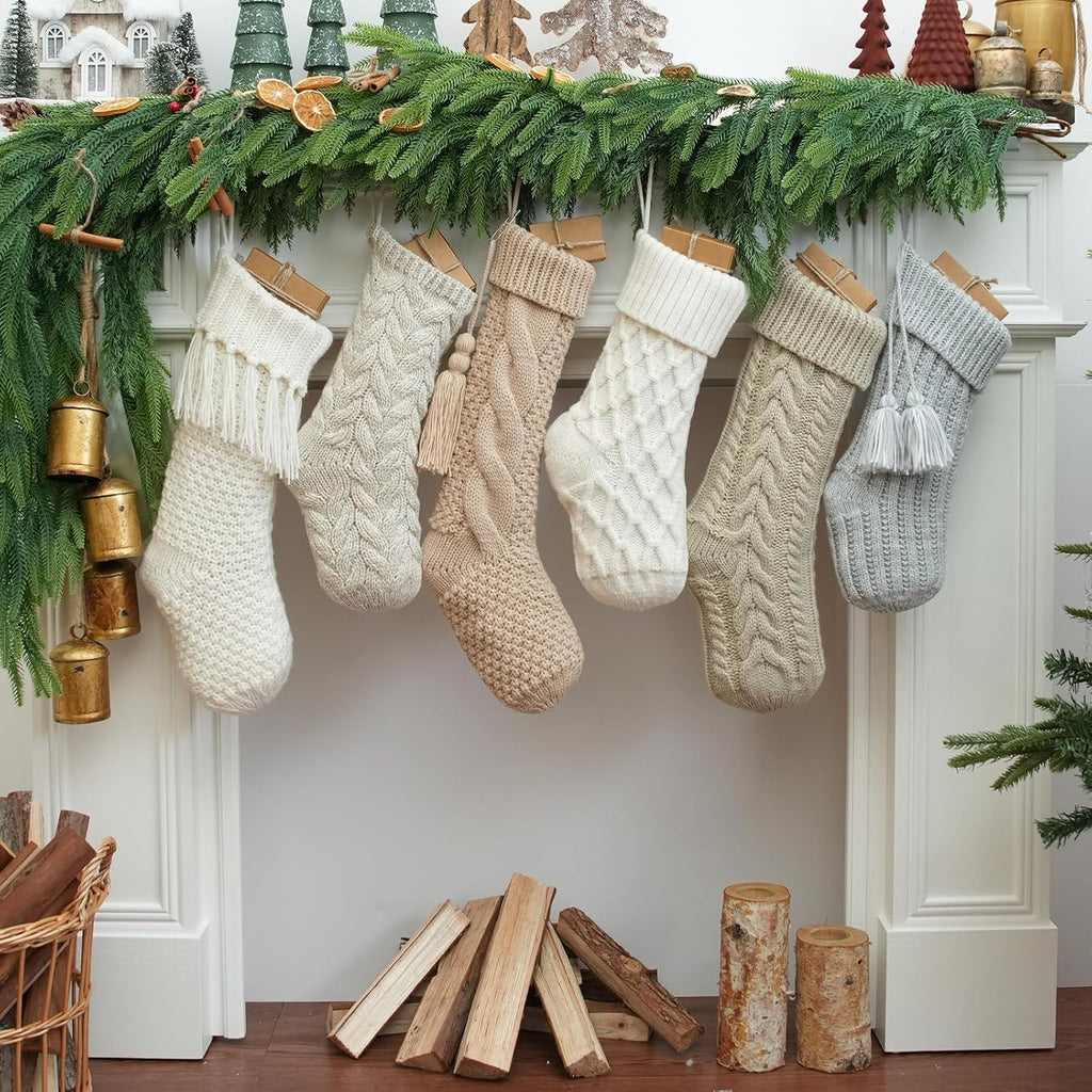Vintage Knit Christmas Stockings - White Beige Apricot Rustic Boho Farmhouse Cable Knitted Holiday Set - Set of 6