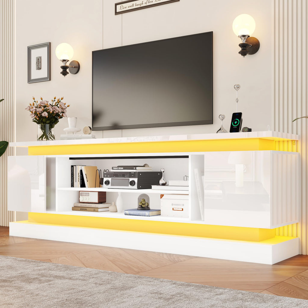 81IN LED TV Stands w/Power Outlet for 90/80/75 Inch TVs, High Glossy Modern Tall Entertainment Center TV Media Console