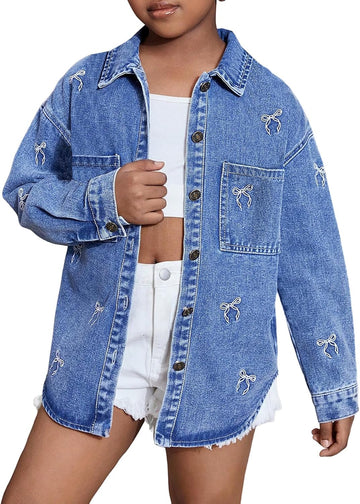 Girl's Bow Embroidered Denim Jackets Button Down Cute Jean Outerwear