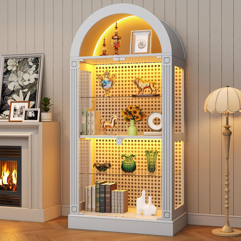71" Arched Display Cabinet with Glass Doors and LED, 5-Tier Curio Cabinet with Roman Line Design and Pegboard, Glass