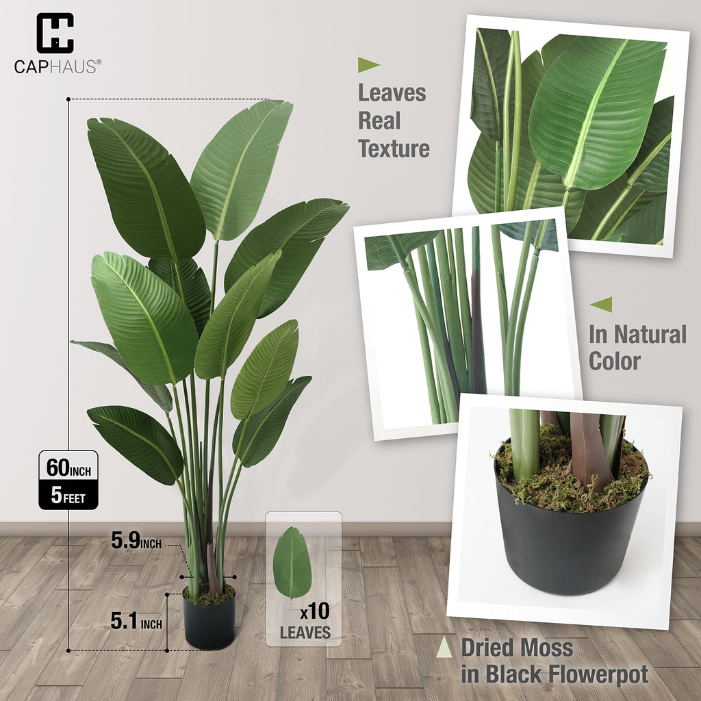 5FT Artificial Bird of Paradise Plant, UV Resistant Faux Tree with Dried Moss, Fake Indoor Outdoor Floor Plant &