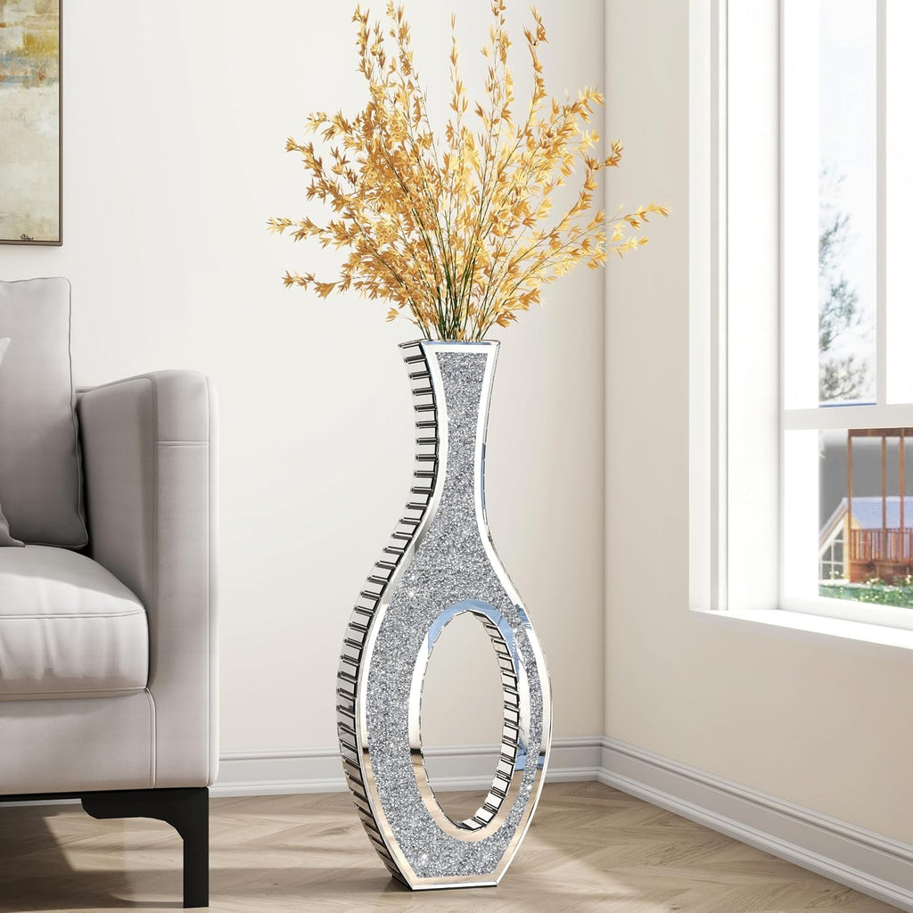 Floor Vase Crushed Diamond Mirrored Vase 30" Tall, Large Silver Tall Vases for Floor Crystal Hollow Decorative Glass