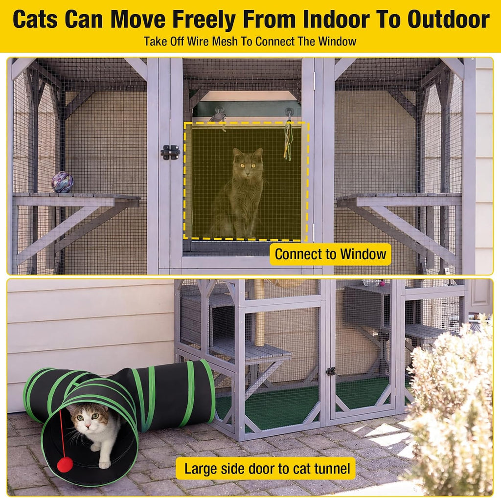 Cat House Window Outdoor Catio Cat Enclosures with 5 Platforms, 2 Resting Boxes Large Walk in Kitty House