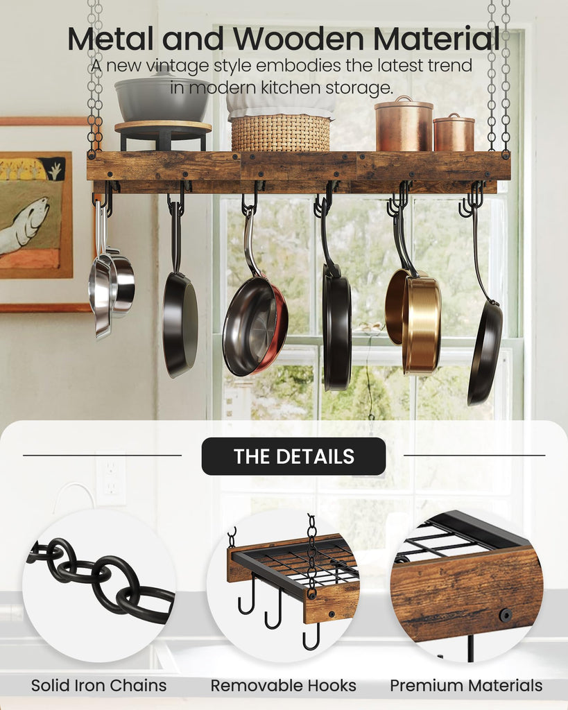 Hanging Pot Rack, Ceiling Wall Mounted Pot Rack, Industrial Style Pot Hanger with 18 Hooks, Cookware Storage