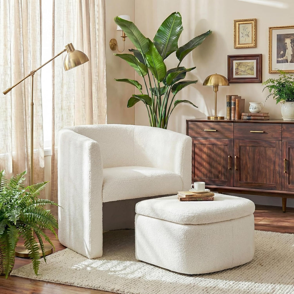 Morden Velvet Barrel Accent Chair with Storage Ottoman Set of 2, Upholstered Living Room Side Chair, Single Sofa