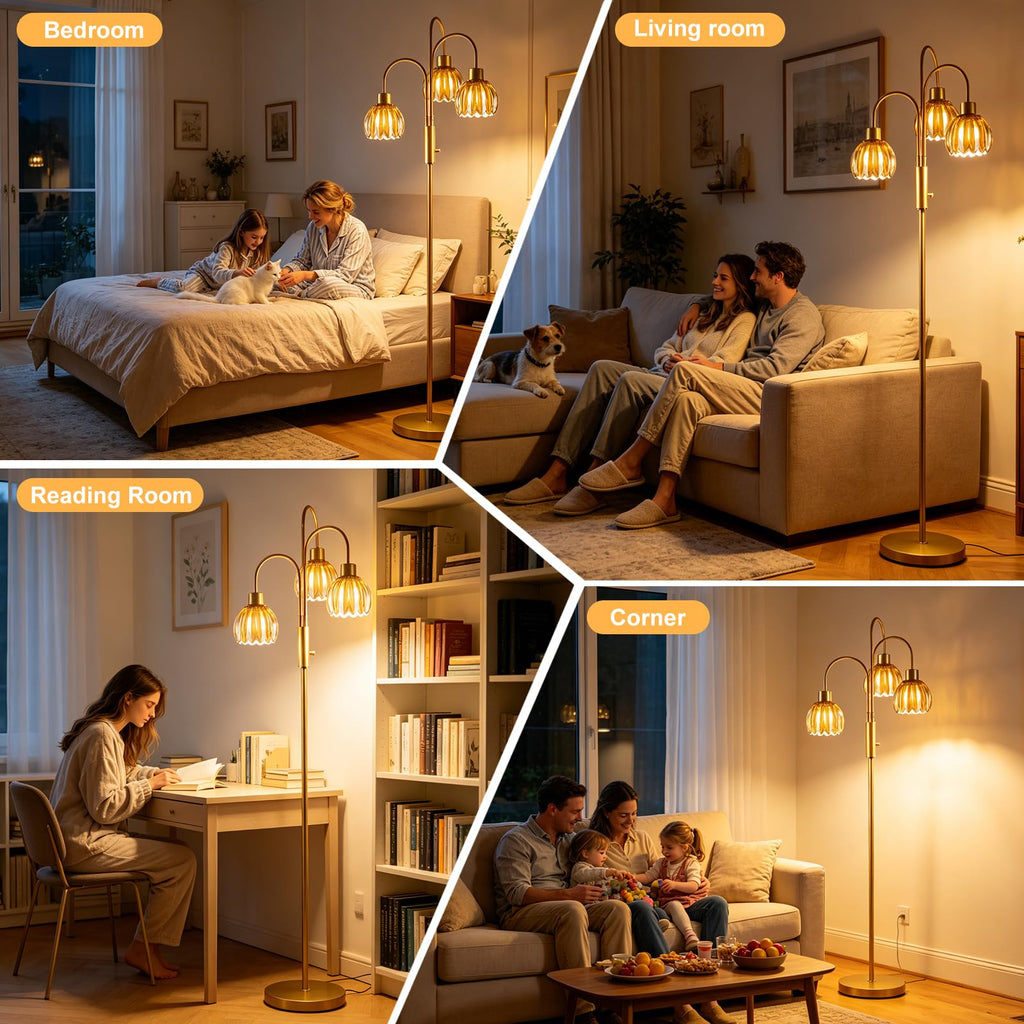 Amber Lotus Glass Floor Lamp 3-Light 70" Gold Dimmable Tall Standing Lamp
