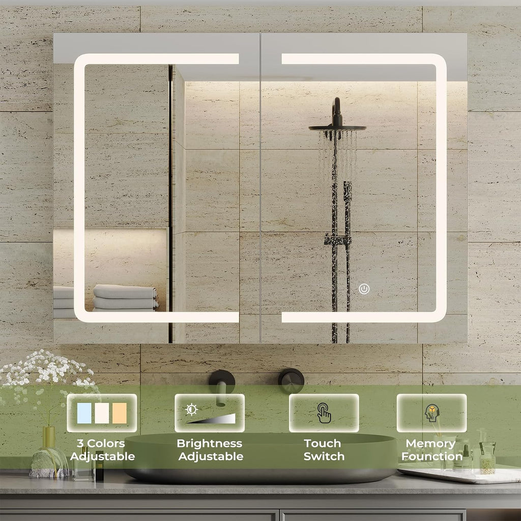 Medicine Cabinet with Mirrors and Storage 31.5''x23.6'' Wall Mounted Bathroom Mirror Cabinets with Led Lights Double