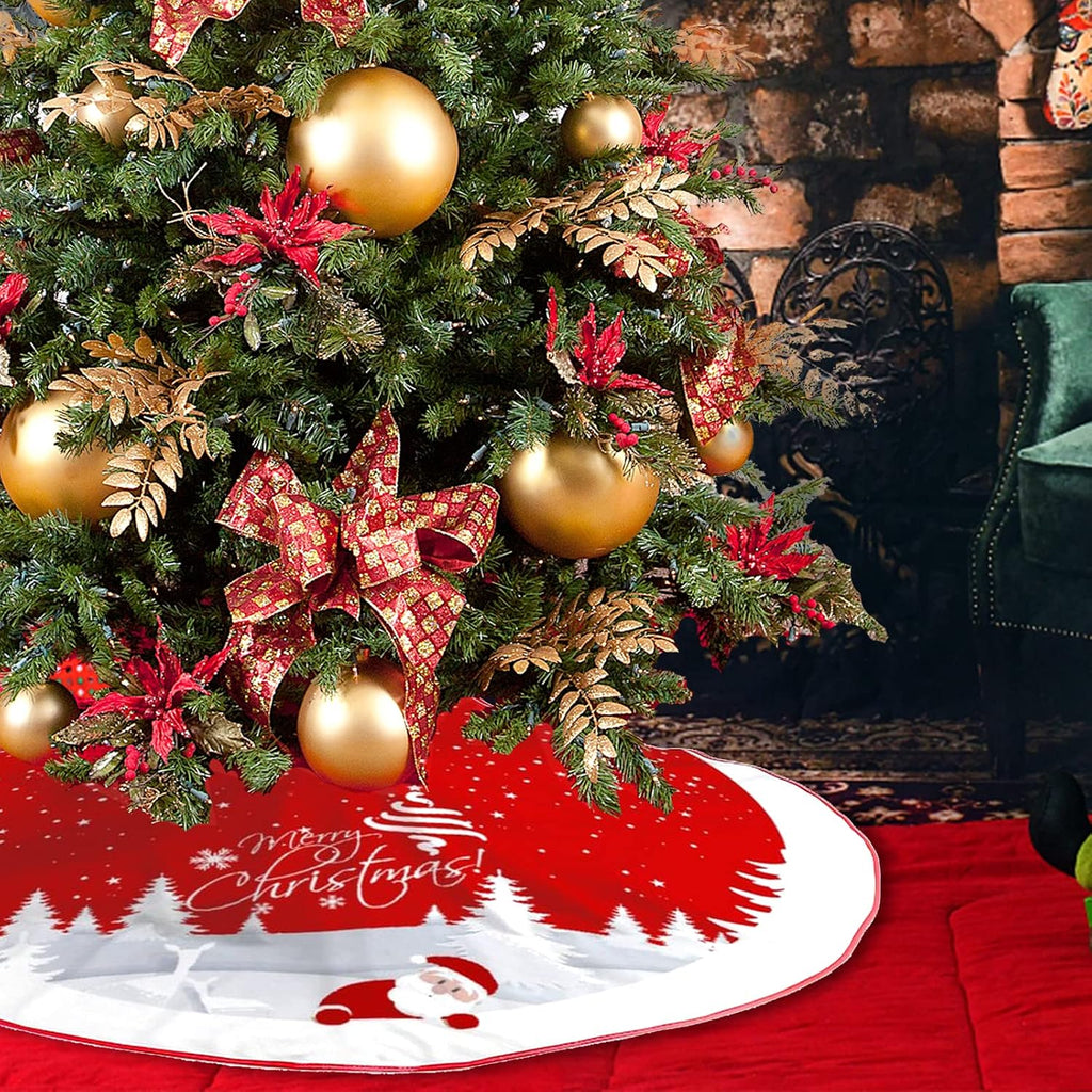 Christmas Tree Skirt Red Xmas Tree Ornaments for White Soft Plush Christmas Tree Mat with Snowy Pattern