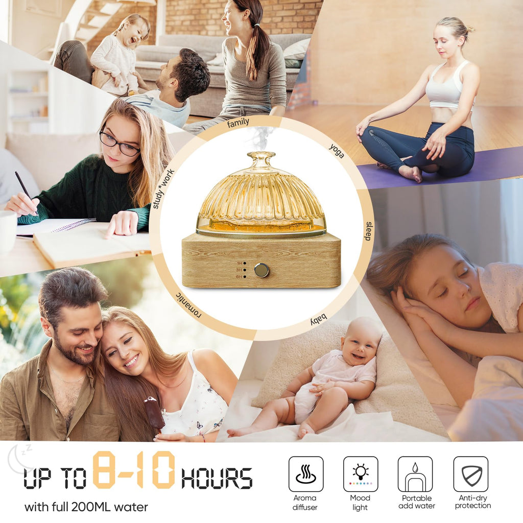 Glass Dome Essential Oil Diffuser with Glass Reservoir & Wood Base-No Plastic, 200ml Ultrasonic Diffuser for