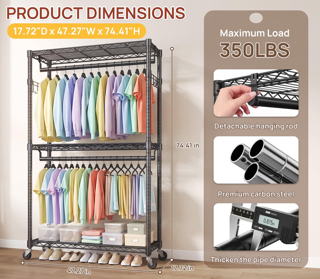 Clothes Rack, Rolling Rack 3 Tiers Adjustable Clothes Rack, Black