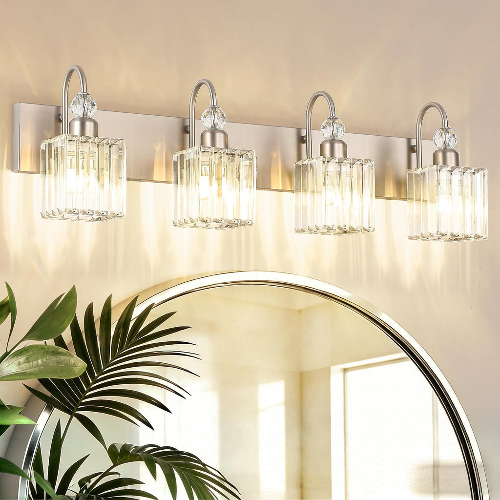 Crystal Brushed Nickel Vanity Light 4-Light Modern Bathroom Light Fixtures