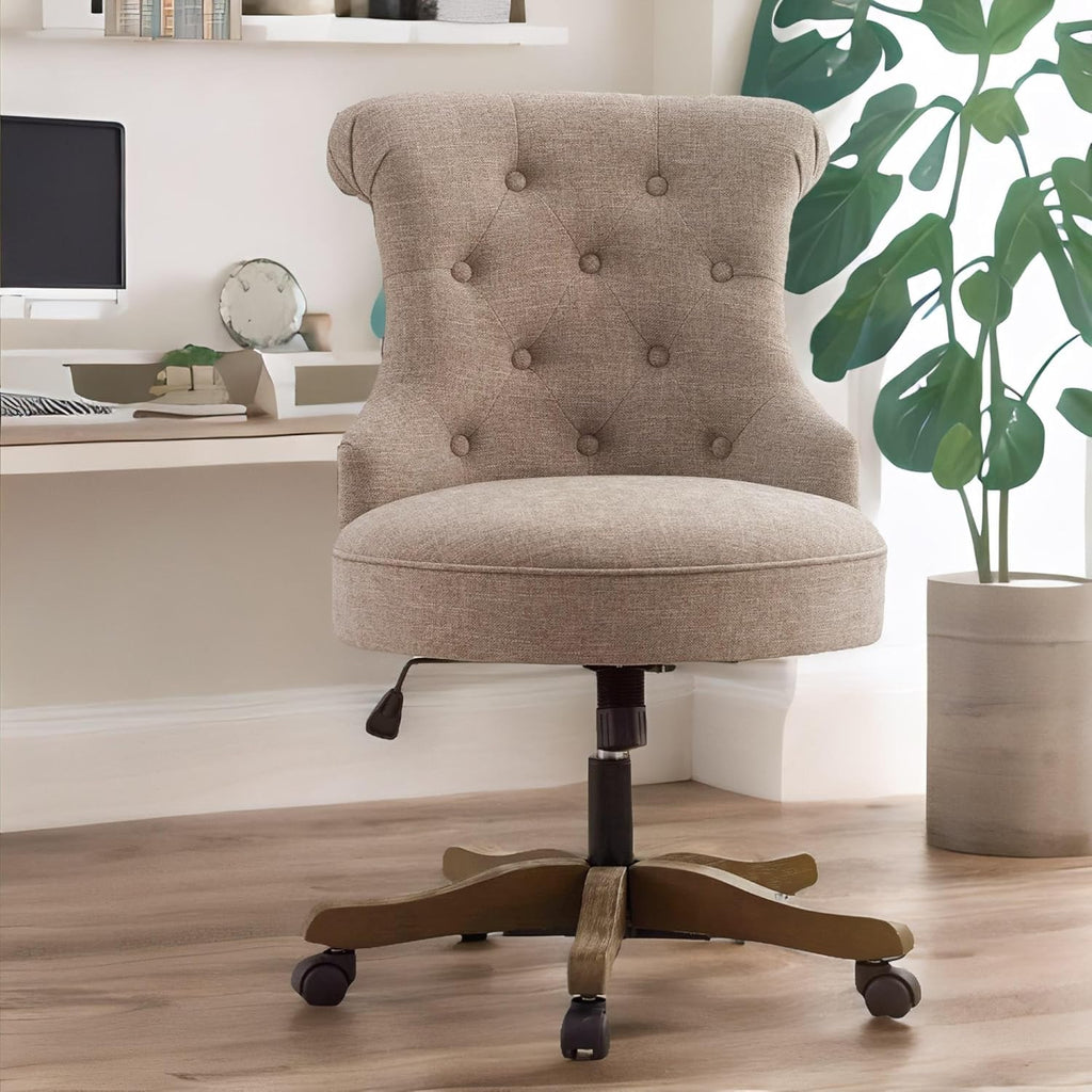 Home Upholstered Armless Linen Fabric Desk Chair with Wheels Adjustable Height Computer Desk Chair with Wooden Legs