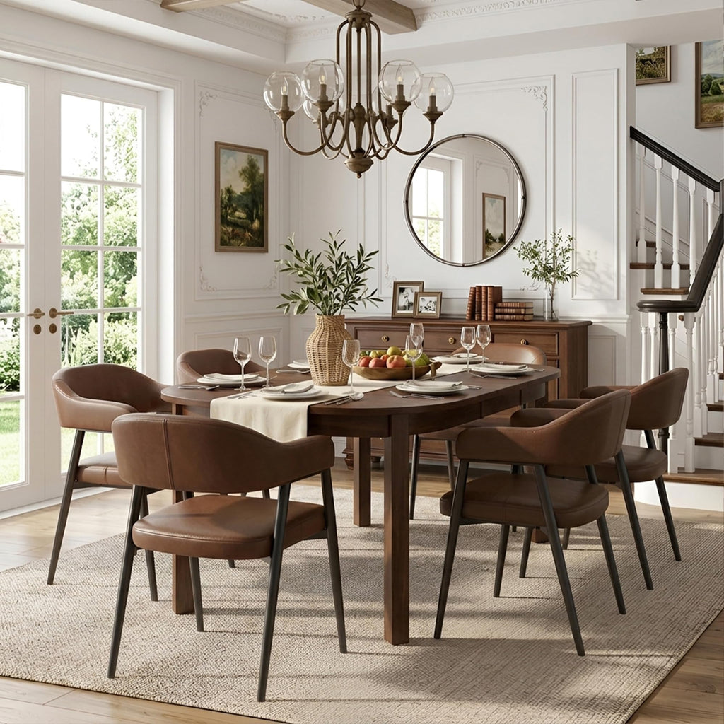 Modern Dining Room Arm Chairs Set of 6, Retro Faux Leather Upholstered Barrel Dining Chairs with Arms Mid-Century
