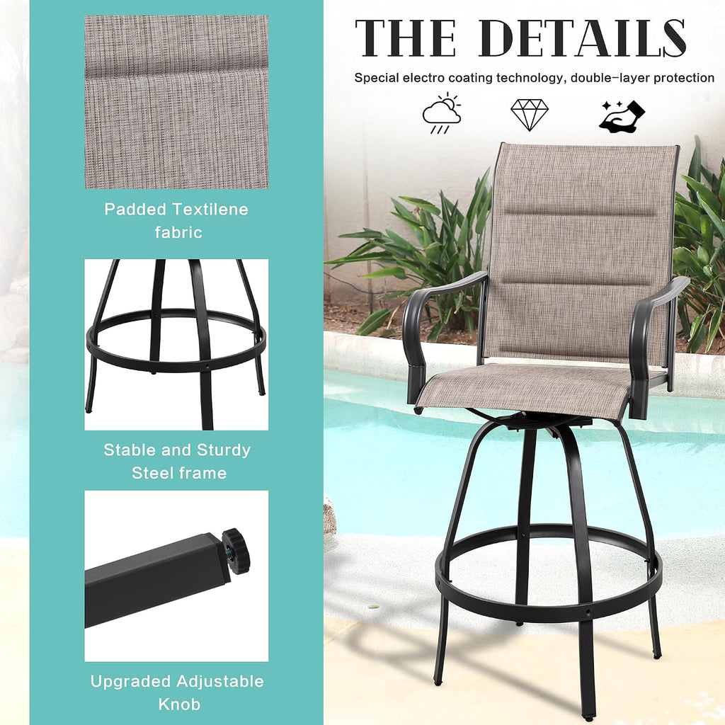 3 Piece Patio Swivel Bar Set, All Weather Mental Textilene High Swivel Bar Stools Chair Set of 2 and Glass Bar Table