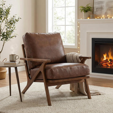 Mid Century Arm Chair, Retro Accent Armchair with Wood Frames & Faux Leather Upholstered Removable Cushions, Leisure