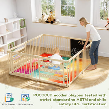 87x56in Foldable Wooden Baby Playpen with Gate, Safety Lock, CPC Certified Play Yard with Suction Cups, Expandable
