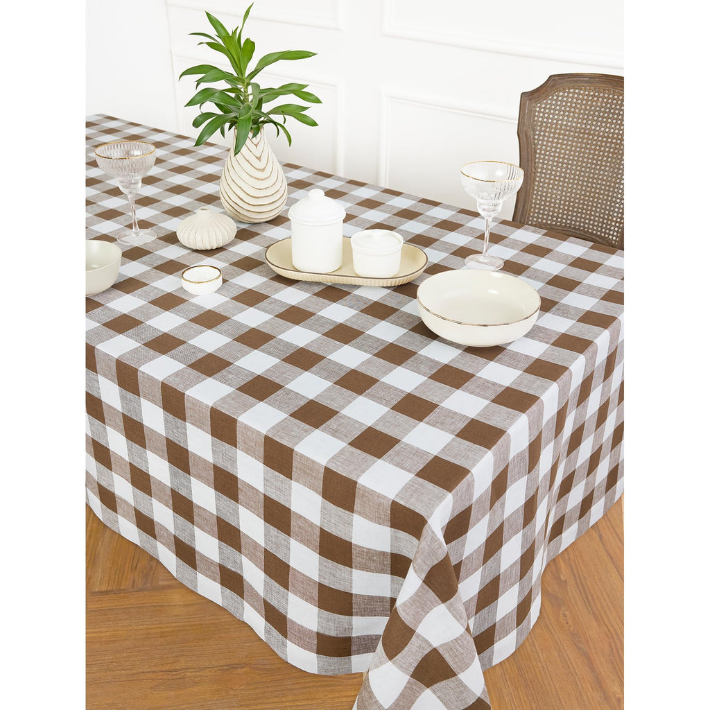 Linen Buffalo Plaid Tablecloth, 60x108 In, Brown and White