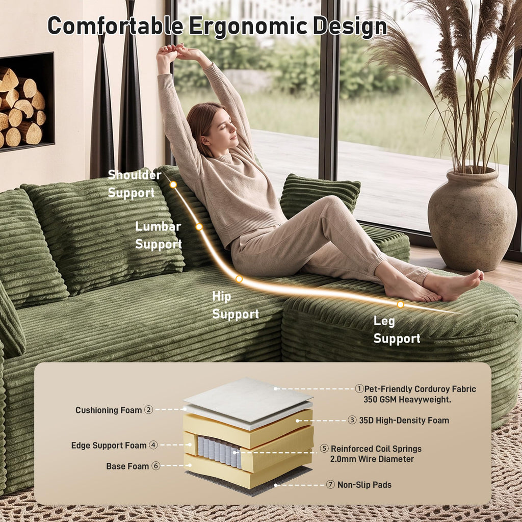 94" L-Shaped Boneless Sectional with Curved Ottoman, Green