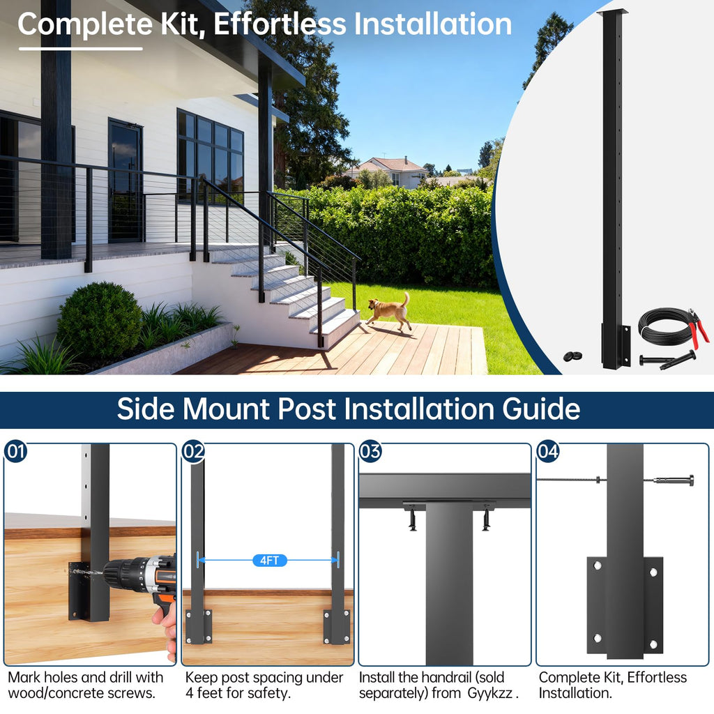 3 Pack Side Mount Cable Railing Post for 42" Railing System (Post Body 48"), Level Drilled Space-Saving Fascia Mount