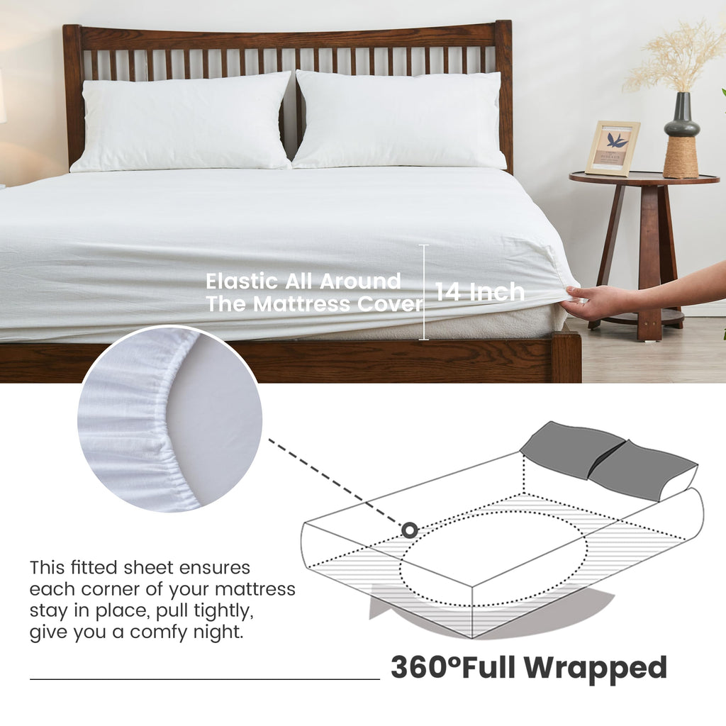 Linen Cotton Sheet and Pillowcases Set 4-Pcs (1 Flat, 1 Fitted & 2 Pillowcases) - Soft, Breathable & Cooling