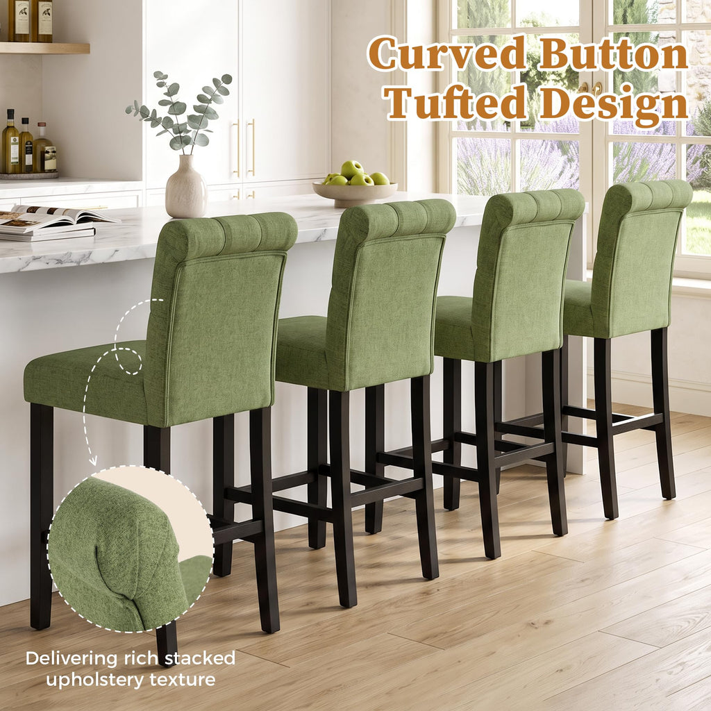 24" Barstools Set of 2, Green Bar Chairs with Button Tufted Back