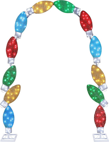 8 ft. Illuminated Tinsel C9 Bulb Arch with Warm White LED Lights, Outdoor Christmas Archway Decoration