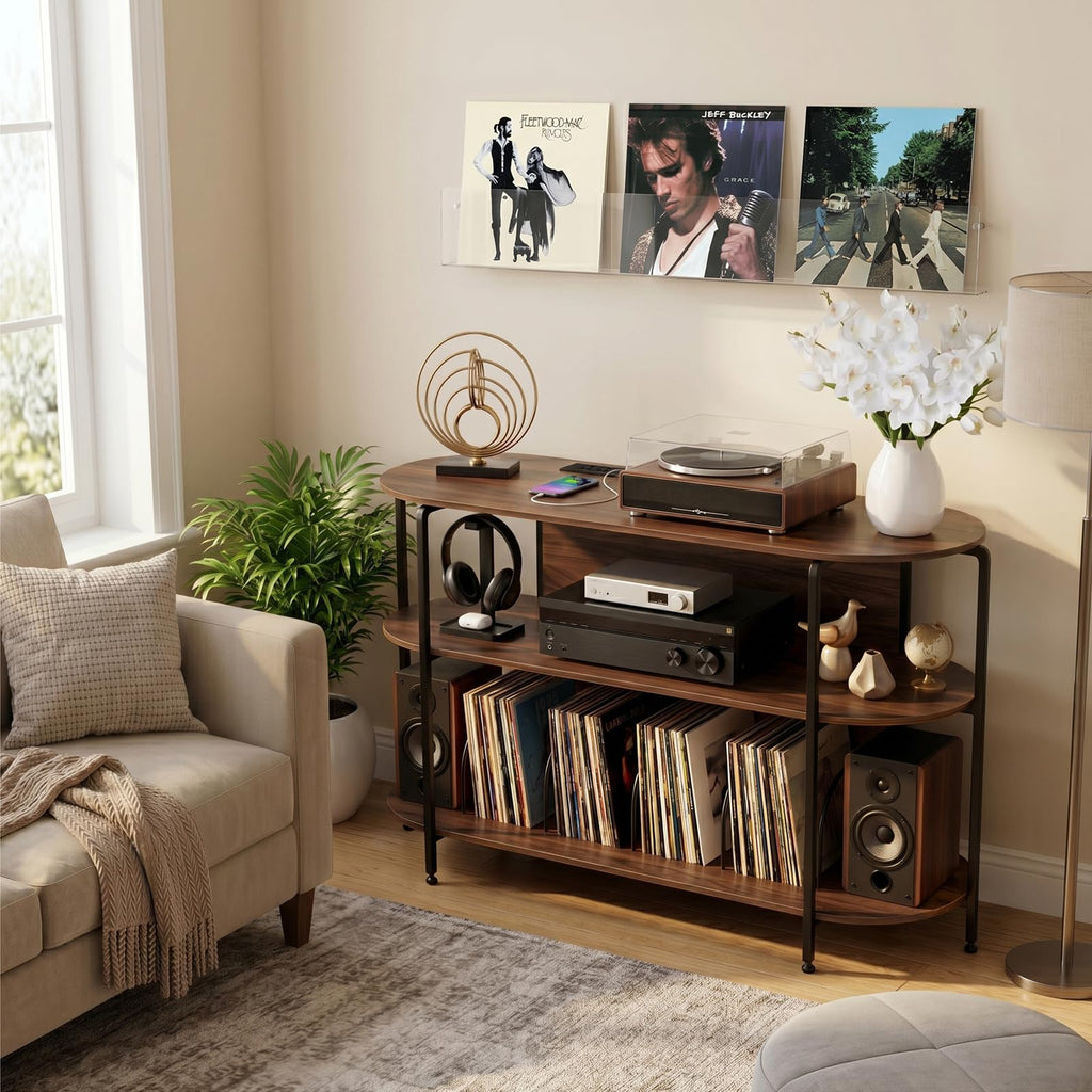 Vinyl Record Player Stand with Power Outlets, 43.3" Mid Century Turntable Stand Console Table, 3-Tier Arc Record