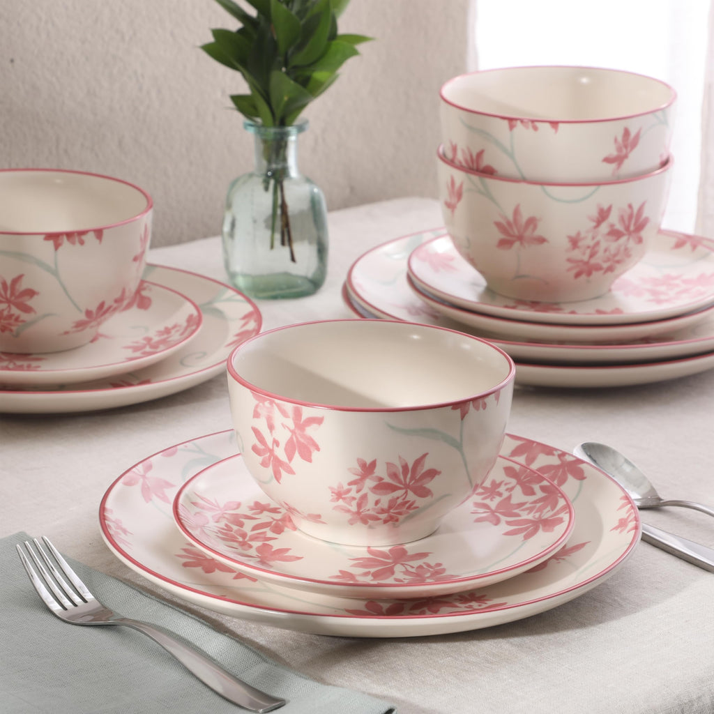 Admiral Hall 12-Piece Matte Stoneware Dinnerware Set - Dinner Plates, Salad Plates & Bowls with Pink Floral Pattern