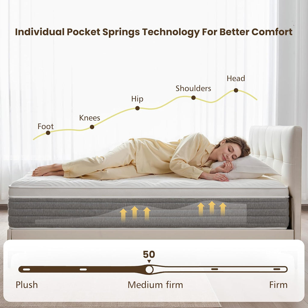King Mattress 14 Inch, Medium Firm King Size Mattress in a Box,Hybrid Mattresses with Gel Foam & Zoned Pocket Springs
