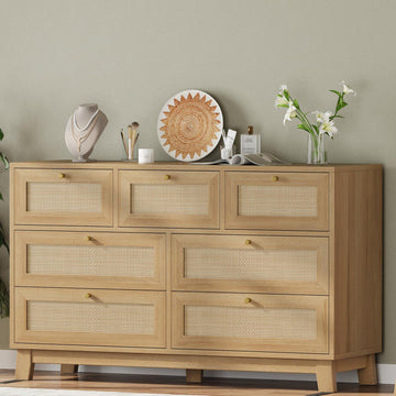 Rattan Dresser with 7 Drawer, Modern Wooden Wide Bedroom Dresser, Chest of Drawers with Metal Handle & Solid Wood